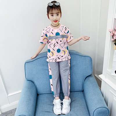 Спортно-ежедневен сет за момичета тениска къс ръкав и долнище с кант