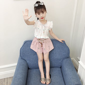 Летен сет за момичета риза с къдри и къс широк панталон