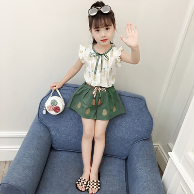 Летен сет за момичета риза с къдри и къс широк панталон