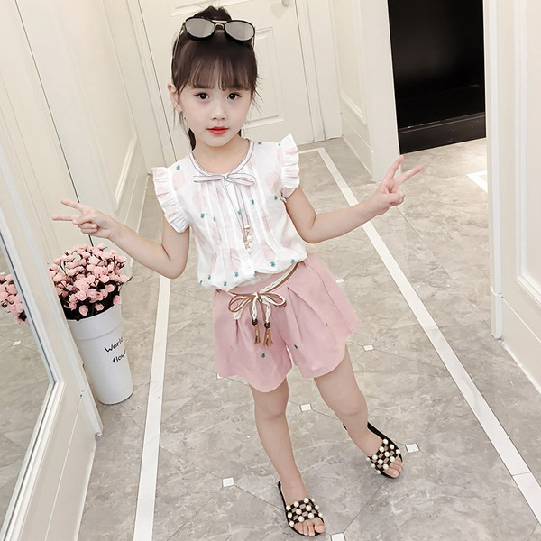 Летен сет за момичета риза с къдри и къс широк панталон