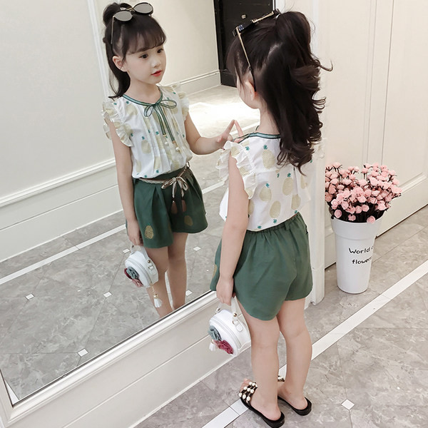 Летен сет за момичета риза с къдри и къс широк панталон