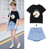 Модерен детски комплект от дънкова пола и тениска за момичета