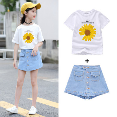 Модерен детски комплект от дънкова пола и тениска за момичета