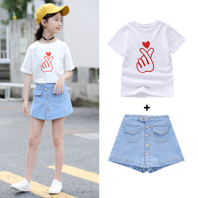 Модерен детски комплект от дънкова пола и тениска за момичета