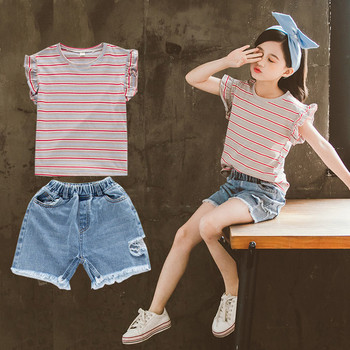 Ежедневен детски комплект за момичета -раирана блуза и къси дънки