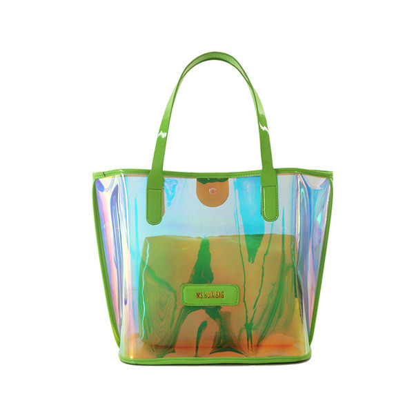 Прозрачна дамска чанта с надпис и метално закопчаване