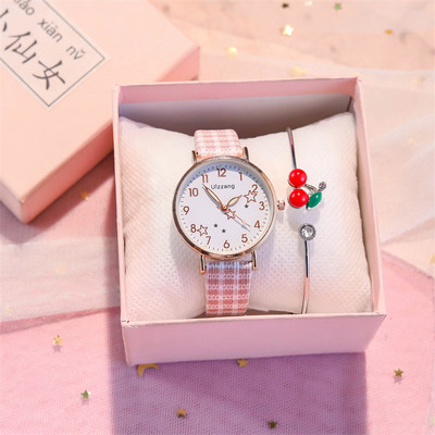 Ρολόι με καρό λουράκι από συνθετικό δέρμα και βραχιόλι