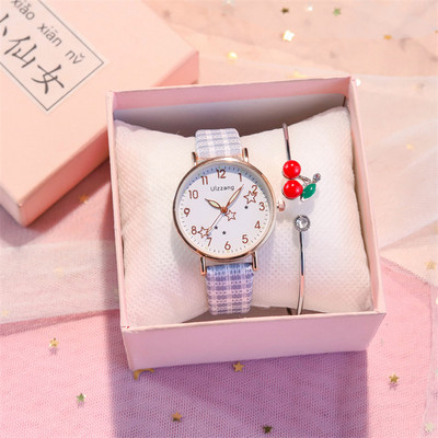 Ρολόι με καρό λουράκι από συνθετικό δέρμα και βραχιόλι