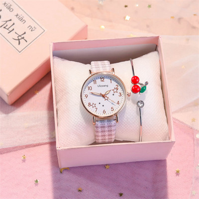 Ρολόι με καρό λουράκι από συνθετικό δέρμα και βραχιόλι