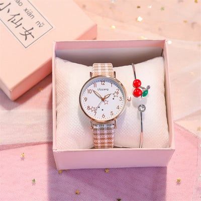 Ρολόι με καρό λουράκι από συνθετικό δέρμα και βραχιόλι