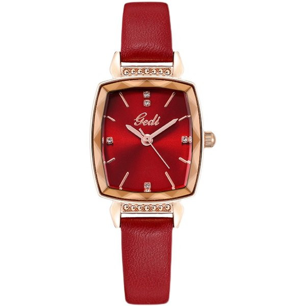 Ženski četvrtasti sat s tankim kožnim remenom i ukrasnim kamenčićima