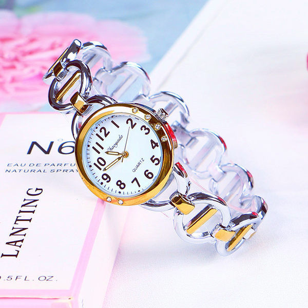 Moteriškas laikrodis iš nerūdijančio plieno su dekoratyviniais akmenimis