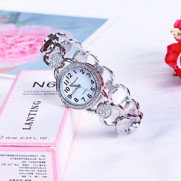 Moteriškas laikrodis iš nerūdijančio plieno su dekoratyviniais akmenimis