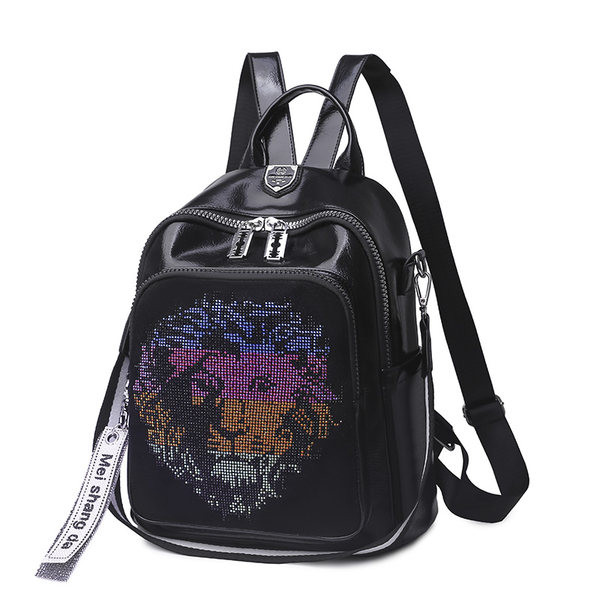 Ženski moderan ruksak s likom lava i ukrasnim kamenčićima