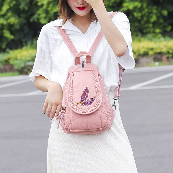 Γυναικείο σακίδιο πλάτης με κέντημα και φερμουάρ σε τέσσερα χρώματα