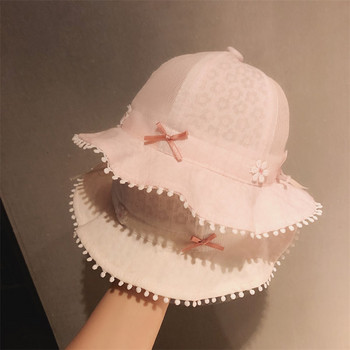 Нов модел лятна детска шапка с панделка и цветя за момичета