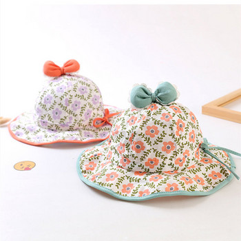 Детска модерна шапка за момичета с флорални мотиви и панделка 