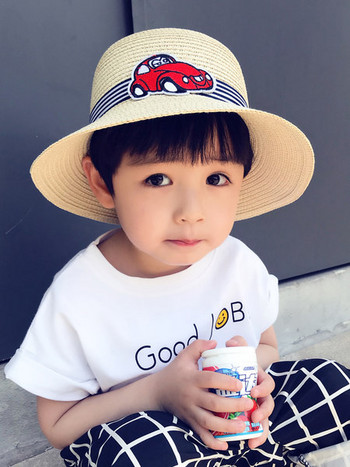 Детска лятна сламена шапка за момчета с апликация 
