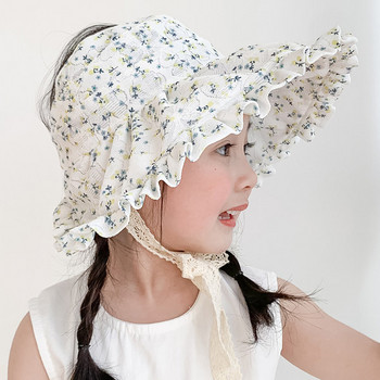 Лятна шапка за момичета с флорални мотиви и връзки