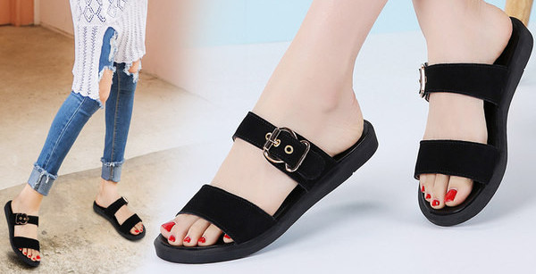 Ljetne ženske papuče od umjetne kože sa metalnom kopčom