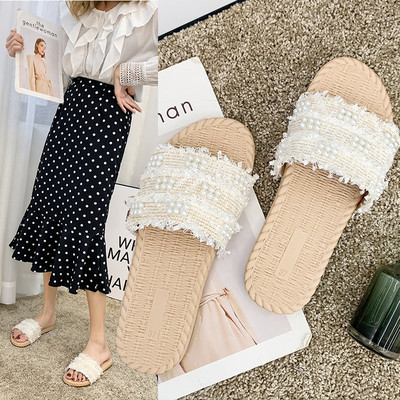 Ljetne ženske papuče sa perlicama i ravnim đonom