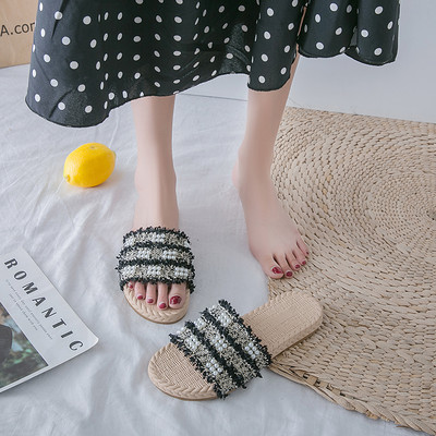 Ljetne ženske papuče sa perlicama i ravnim đonom