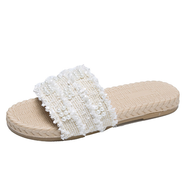 Ljetne ženske papuče sa perlicama i ravnim đonom