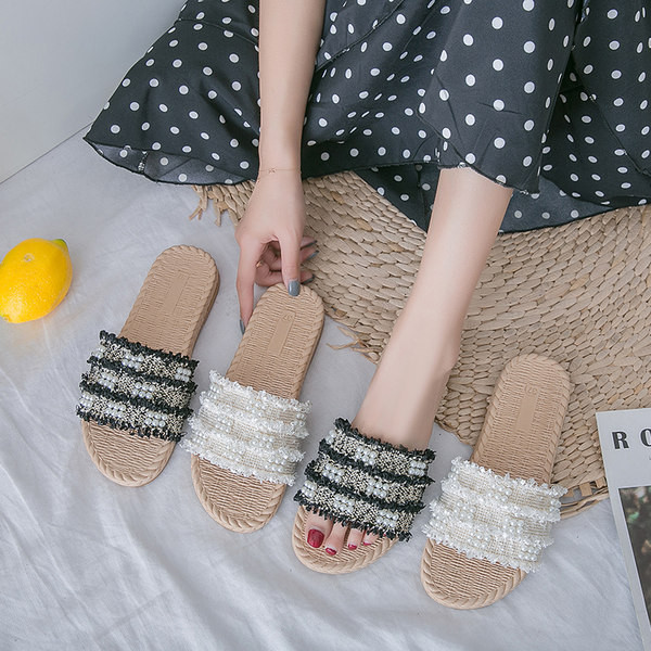 Ljetne ženske papuče sa perlicama i ravnim đonom