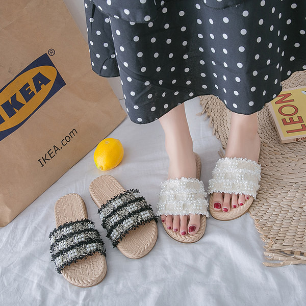 Ljetne ženske papuče sa perlicama i ravnim đonom