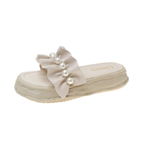 Casual papuče od eko kože s platformom od 3 cm i perlicama