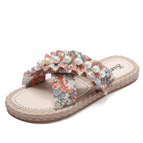 Ženske papuče sa cvjetnim motivima i bisernim ukrasom
