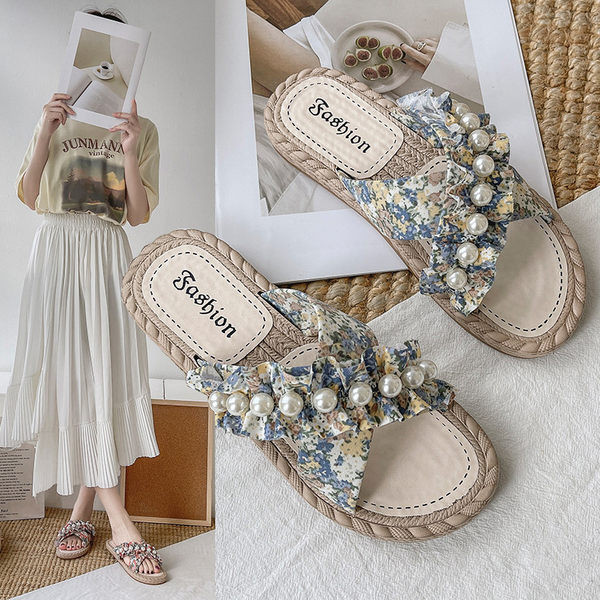 Ženske papuče sa cvjetnim motivima i bisernim ukrasom