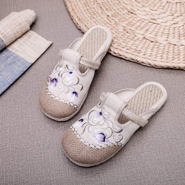 Ženske lanene papuče s ravnim potplatom i vezom