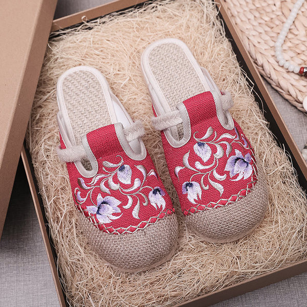 Ženske lanene papuče s ravnim potplatom i vezom