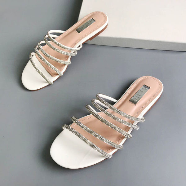 Ženske papuče s ravnim potplatom s ukrasnim kamenčićima