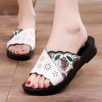 Ljetne ženske kožne papuče s ravnim potplatom