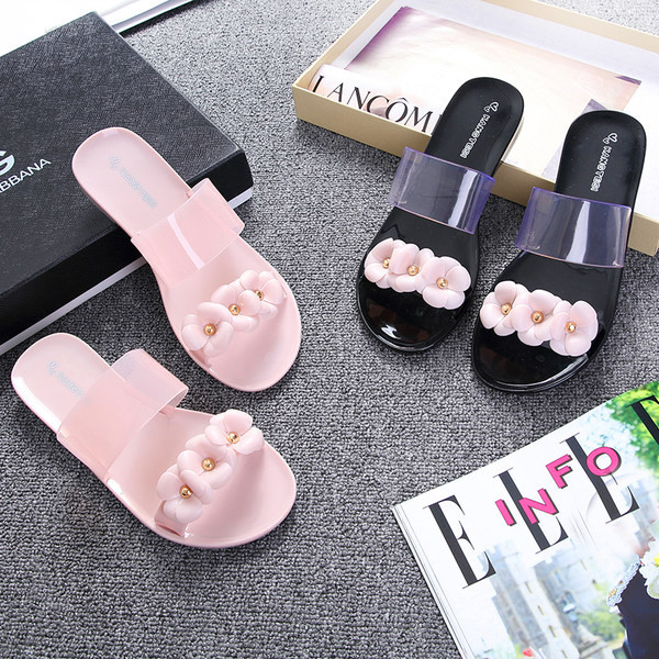 Ženske ljetne papuče sa cvjetnim ukrasom i prozirnim dijelom