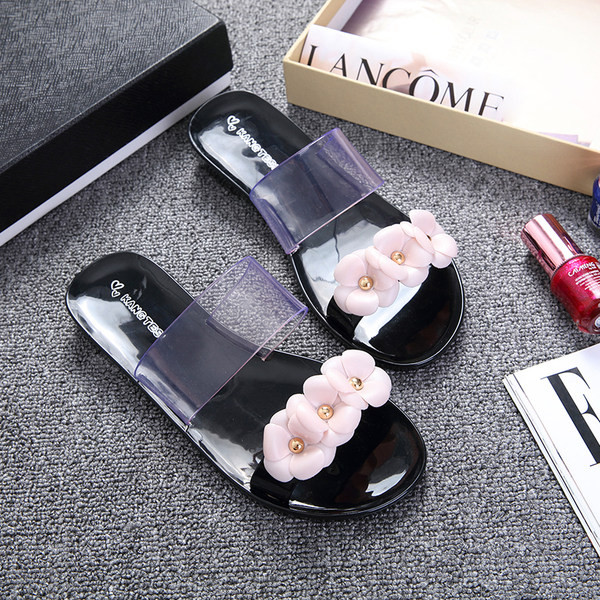 Ženske ljetne papuče sa cvjetnim ukrasom i prozirnim dijelom