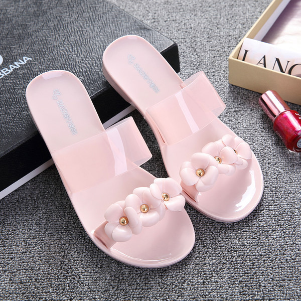 Ženske ljetne papuče sa cvjetnim ukrasom i prozirnim dijelom