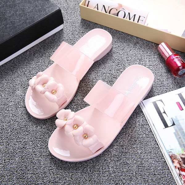 Ženske ljetne papuče sa cvjetnim ukrasom i prozirnim dijelom