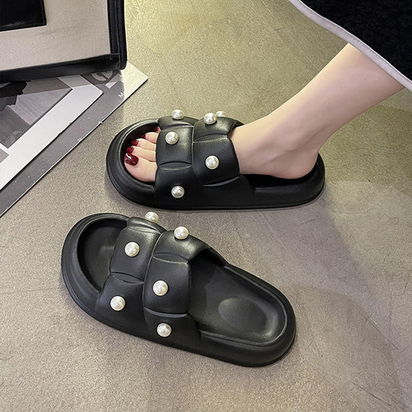 Casual papuče s ravnim potplatom i bisernim ukrasom