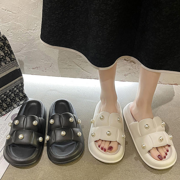 Casual papuče s ravnim potplatom i bisernim ukrasom