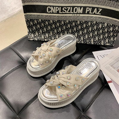 Ženske moderne papuče s visokim potplatom 6 cm i ukrasnim kamenčićima