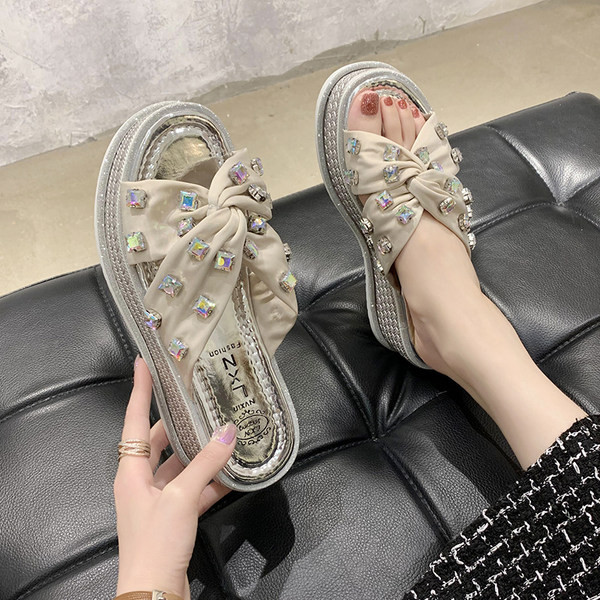 Ženske moderne papuče s visokim potplatom 6 cm i ukrasnim kamenčićima