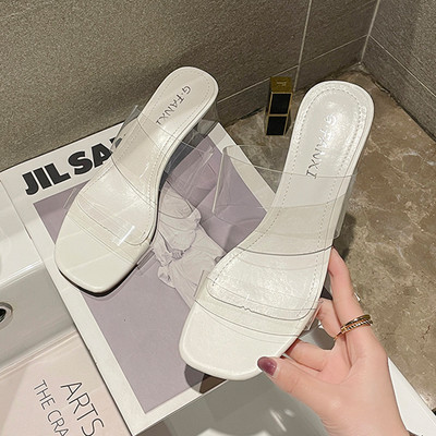 Γυναικείες casual παντόφλες με διάφανο μέρος και χοντρό τετράγωνο τακούνι 4 cm