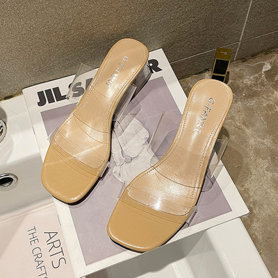 Γυναικείες casual παντόφλες με διάφανο μέρος και χοντρό τετράγωνο τακούνι 4 cm