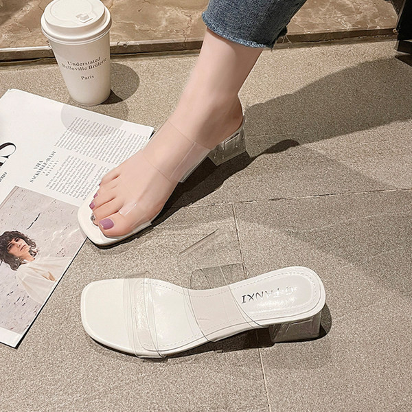 Дамски ежедневни чехли с прозрачна част и дебел квадратен ток 4см