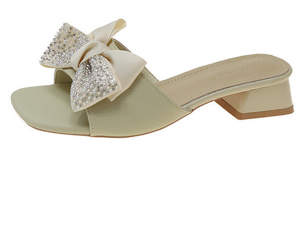 Дамски квадратни чехли с панделка и ток 4см 