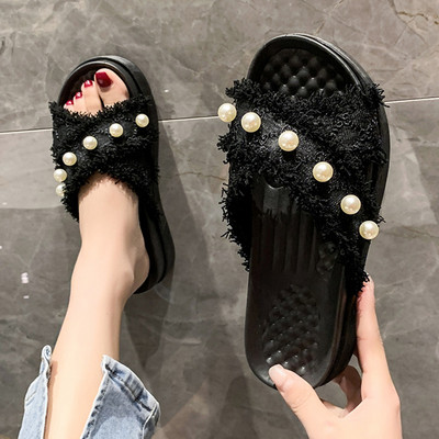 Ženske tekstilne papuče s potplatom visine 4 cm i perlama