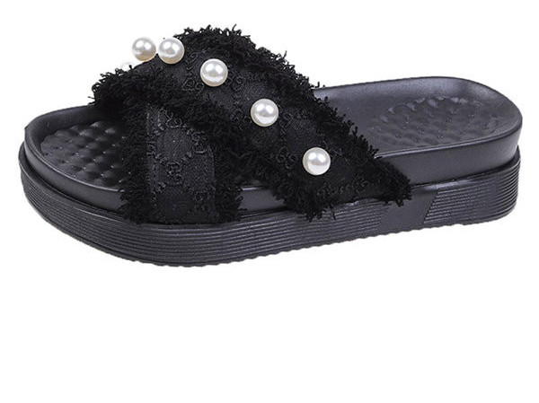 Ženske tekstilne papuče s potplatom visine 4 cm i perlama